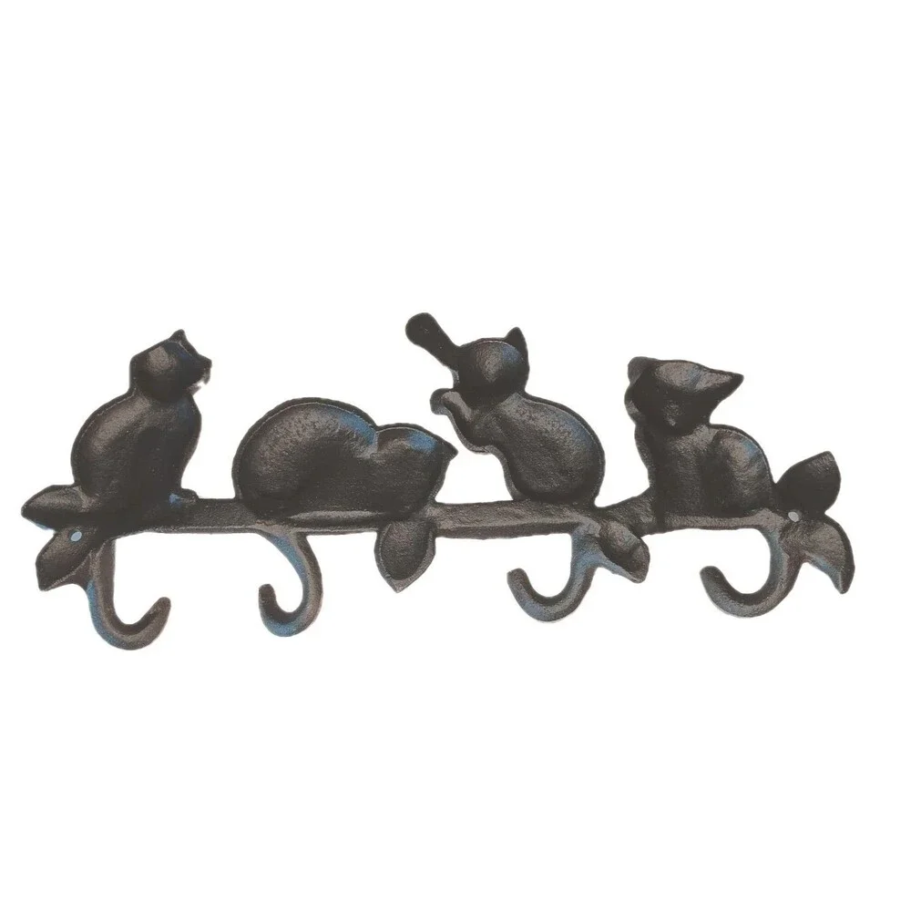 Cat Wall Hook Cast Iron Heavy Duty Key Towel Coat Hanger Dark Brown 4 Hooks 13